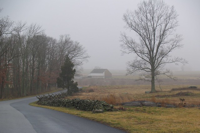 Barn in the fog at Gettysburg -- cropped