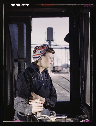 C. & N.W. R.R. Cloe Weaver, mother of four children, employed as a helper at the roundhouse, Clinton, Iowa. She is learning to operate the turntable. Her husband works for a structural steel company  (LOC) | by The Library of Congress