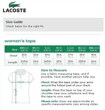 lacoste polo women's size chart