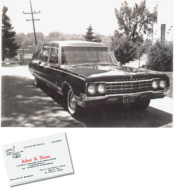 1965 Cotner Bevington Oldsmobile combination -- complete with the salesman's business card - from Saether Funeral Home, Wisconsin