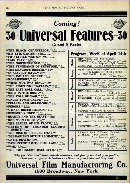 Vintage Film Advert for Universal Manufaturing Co. features released April1913