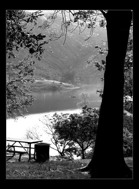 Lake and boat BW with Blk border