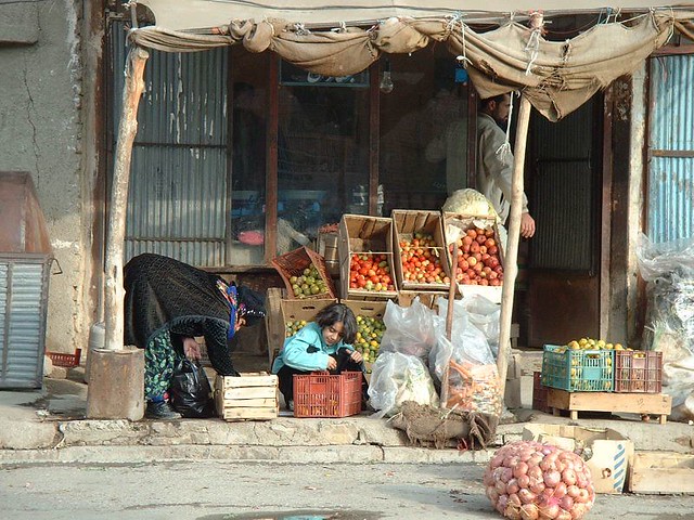 Kurdish woman and girl pick out fruit