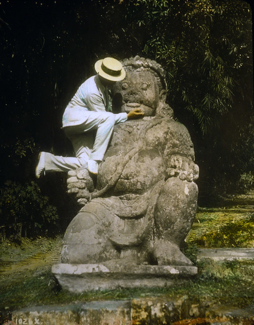 No Known Restrictions: Man in Straw Hat on Buddha at Borobudur, Indonesia by William H. Jackson, 1895 (LOC)