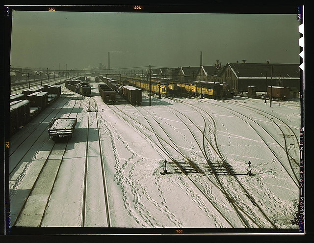 General view of yard and some of the locomotive shop of the C & NW RR at 40th Street. On the tracks on the right are three streamliners, crack trains, Chicago, Ill.  (LOC)