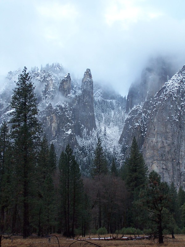 Snow falls on the west side of Yosemite Valley