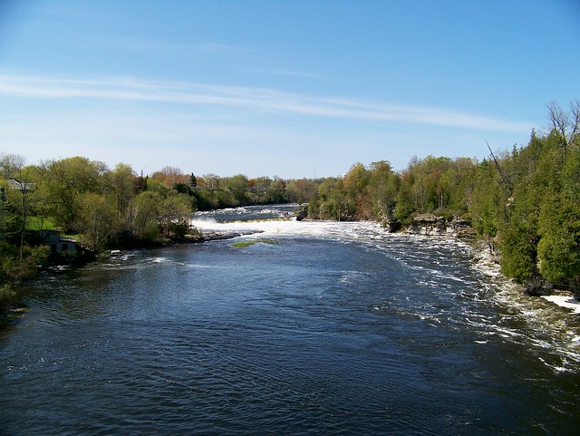 Upstream view of Ranney Gorge (Trent River) from the suspension bridge, including Ranney Falls, rapids