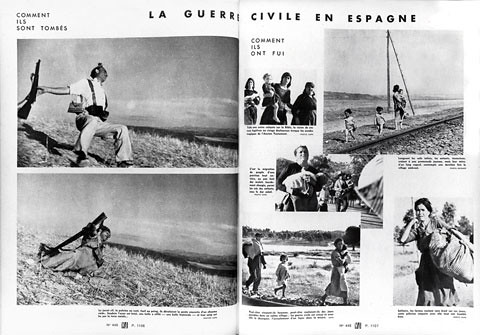 Vu magazine Sept. 23 1936, page spread containing Robert Capa  Spanish Civil War coverage with the Falling Soldier photograph.