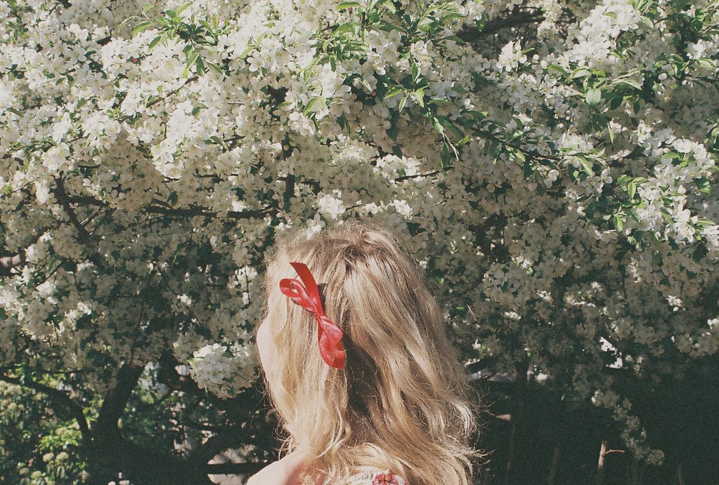 Блондинка весной со спины. Девушка в цветущем саду спиной. Девушка в саду со спины. Блондинка в яблоневом цвету.