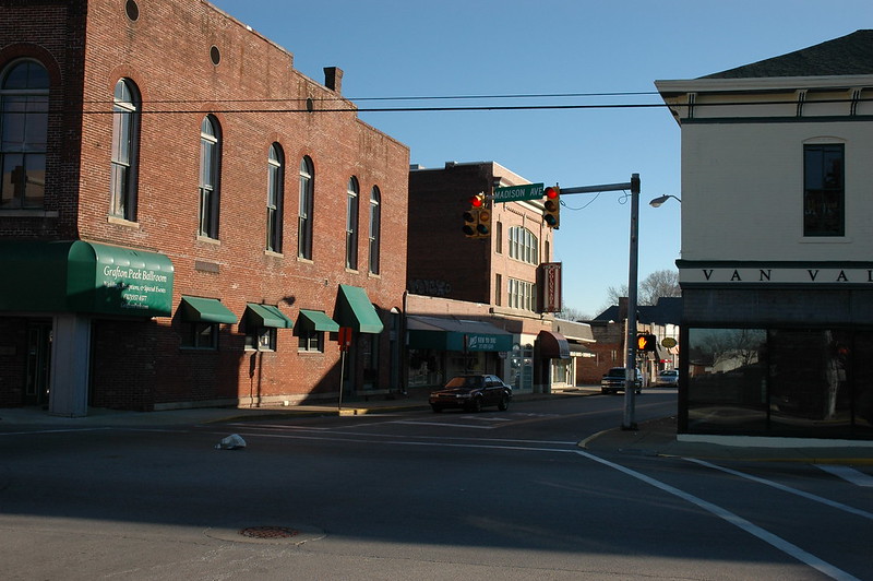 Facing east along Main Street as it crosses Madison Avenue in Greenwood, Indiana. Main Street is Greenwood's connection to I-65.