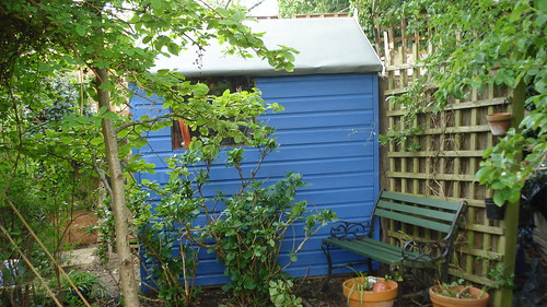 side view of painted shed | Dave put on new roof felt to 