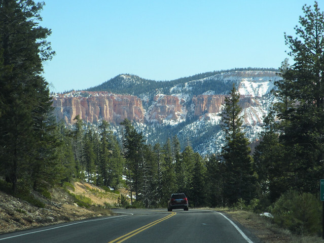 Road south and view of cliffs, Bryce Canyon National Park, Utah