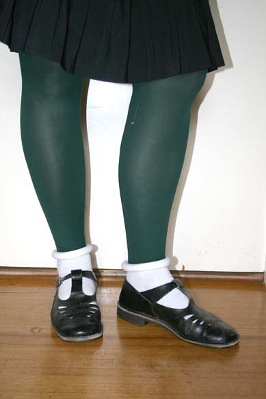 Knee down, skirt, tights, socks, and T-Bar shoes