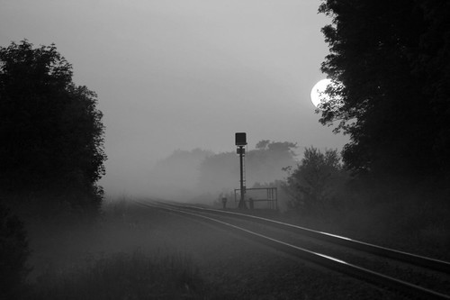 ireland blackandwhite sun mist misty sunrise landscape dawn mono railway mayo iarnrod maigheo