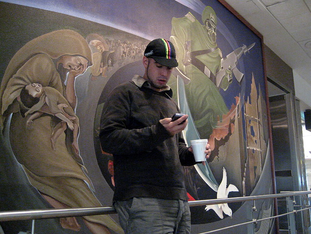 dylan checking his email at denver international airport