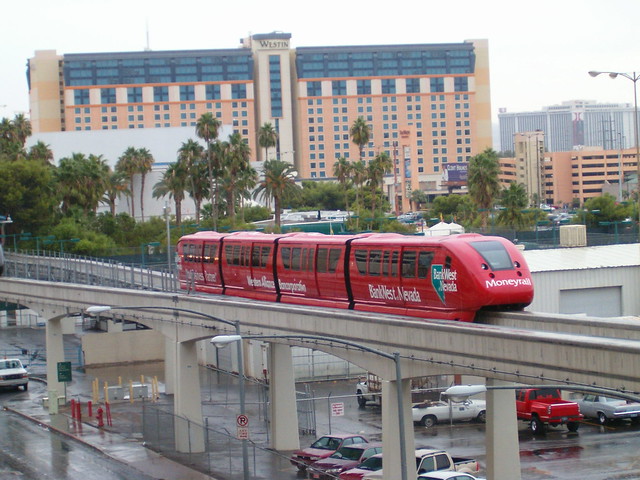 Las Vegas Monorail traveling northbound with the Westin Hotel in the background.