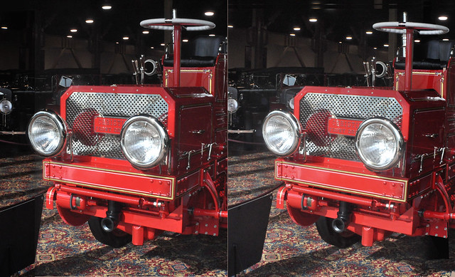 1913 Christy fire engine shot with Loreo 25mm wider angle 3D lens mounted on a Nikon D90 SLR/video combo. Displayed in cross-view.