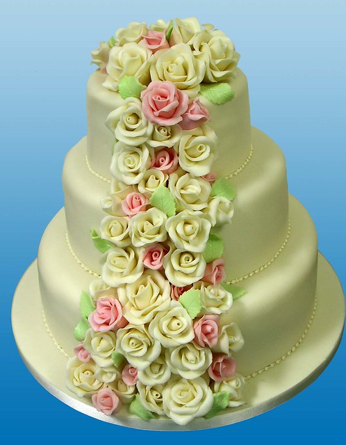 Chocolate wedding cake with chocolate roses cascade