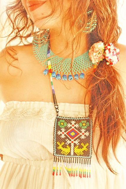 Amanecer Mexican Ruffled Maxi dress and Huichol Necklace