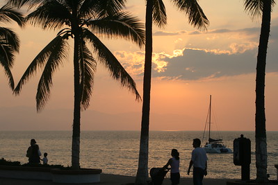 Atardecer entre palmeras en Paradise Village, Nuevo Vallarta, con un velero en la bahía, Paradise Village Marina, Nayarit