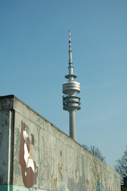 The Olympic Tower of Munich with a scene of Jungle Book on a wall