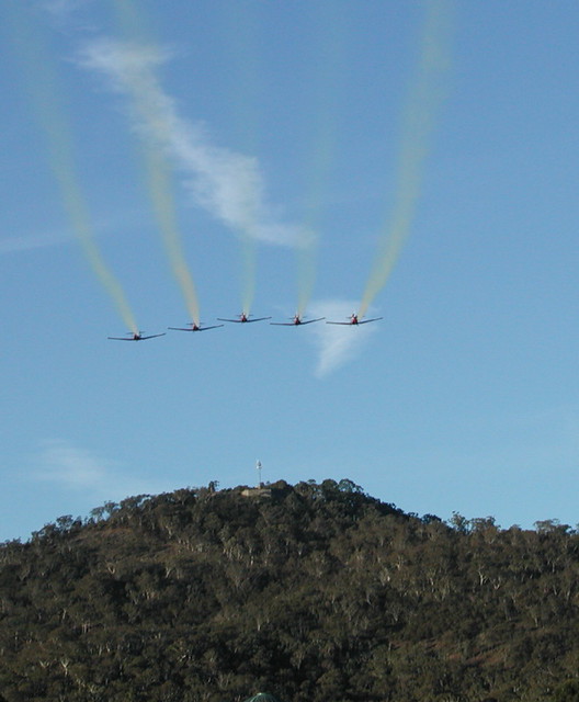 Flypast over the War Memorial and Mt Ainslie