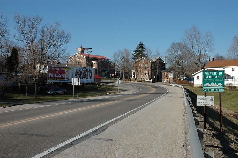 Approaching Vernon, Indiana from the south on Indiana State Road 7. The Jennings County Courthouse is visible just left of the center of the photograph.