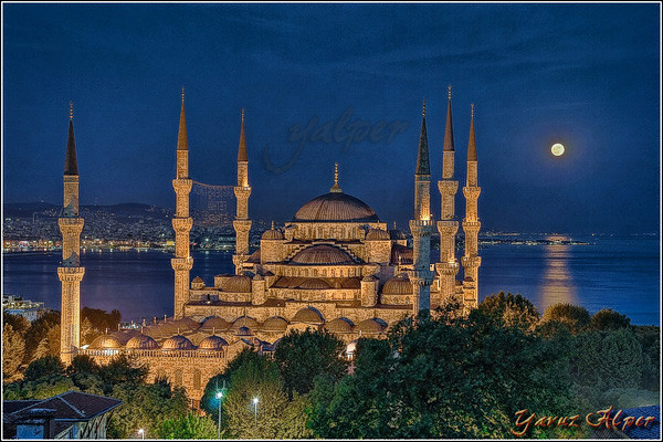 Blue Mosque at Blue Hour with Moonlight