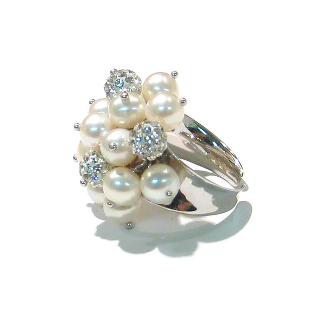 Sterling Silver Cluster Ring w/6mm Crystal Balls and Pearls-Side