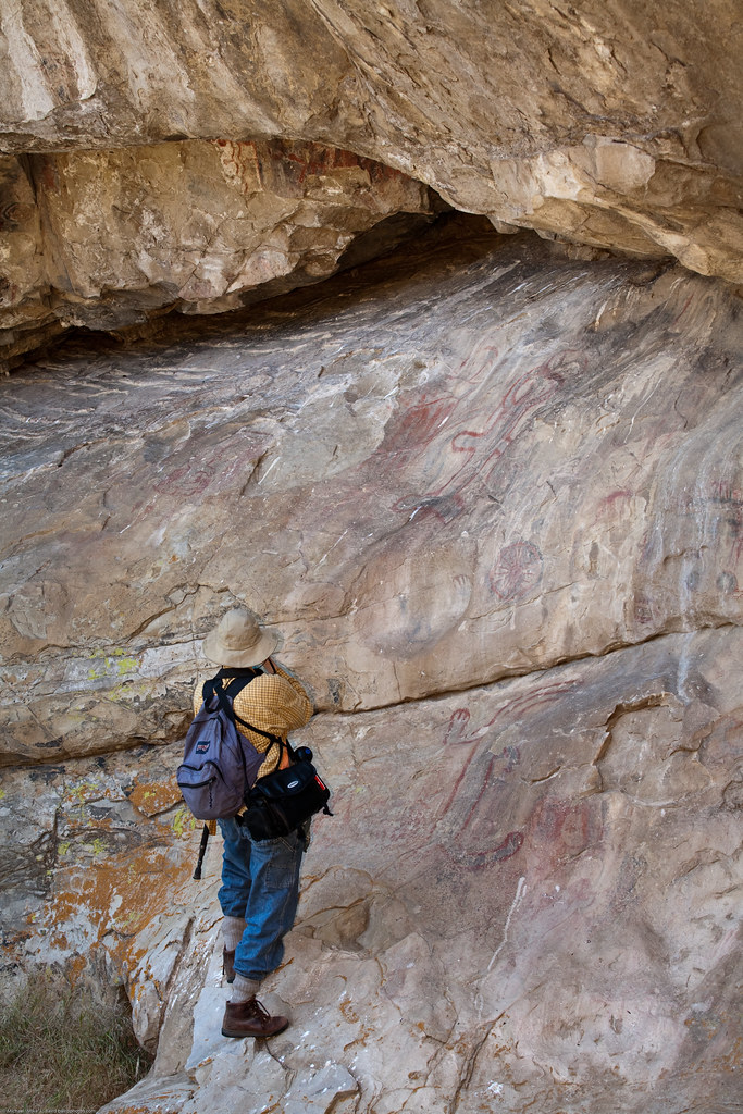 Visitor Joan, shown for scale. Pictographs on Painted Rock at the Carrizo Plain National Monument, on BLM property near Soda Lake.