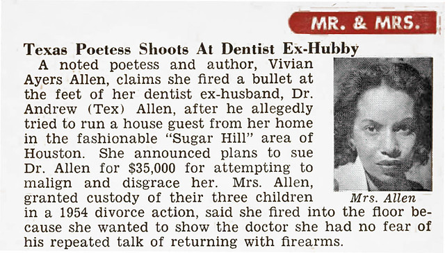 Vivian Ayers Allen, Mother of Phylicia Rashad and Debbie Allen, Shoots at Ex-Husband's Feet In Response to His Threats of Violence - Jet Magazine, November 8, 1956