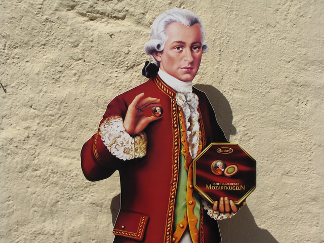 "Mozart, tired of composing music, now hawks chocolates in Salzburg"