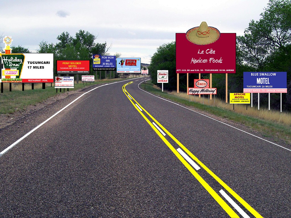Route 66 NEAR TUCUMCARI WITH 1960S BILLBOARDS and white striping added ...