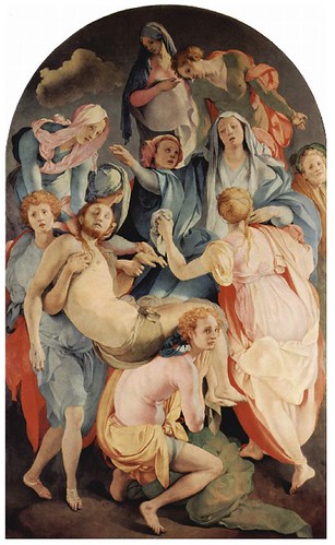 Arched painting of 9 people who look concerned and sad. They are dressed in blues and reds. 