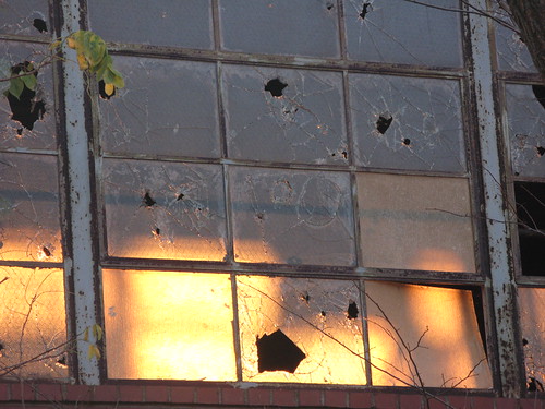 Sunrise through abandoned foundry building on the Connecticut River by Pilgrim on this road - Bill Revill, Down by the river, Rocky Hill CT. It was a drive-by from the car window. abandoned broken window sun