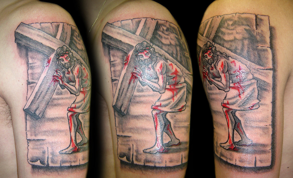 Christ Carrying Cross Custom Tattooing By Ainslie Heilich Flickr.