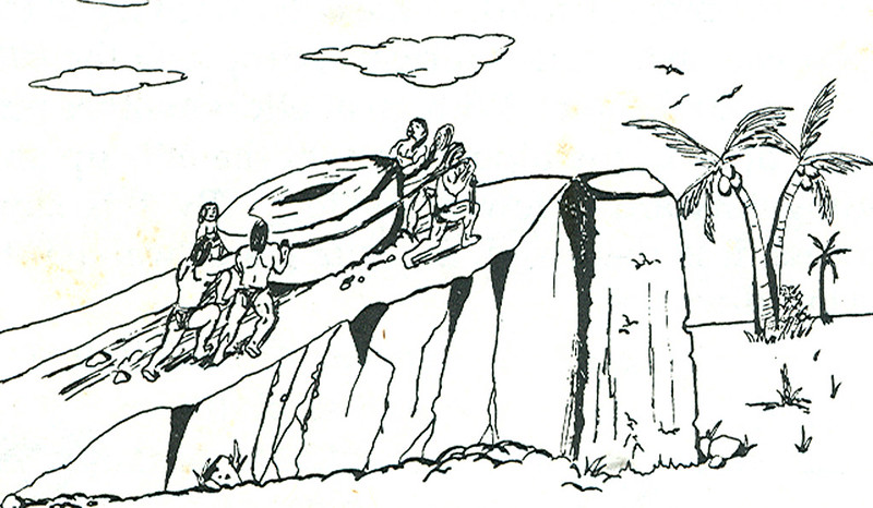 CHamorus/Chamorros may have scooted and pulled the largest tasa up an earthen ramp to finally rest on the top of the haligi.  Image provided by Lawrence J. Cunningham with Bess Press, Inc. from the publication Ancient Chamorro (CHamoru) Society.

Lawrence J. Cunningham/Bess Press, Inc.
