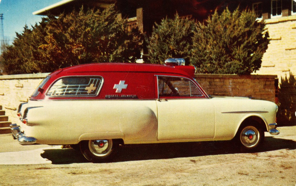 Old Photo Red/White 1953 Henney-Packard Junior Ambulance