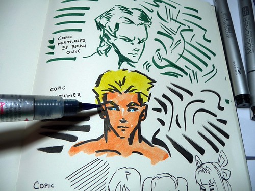Copic Multiliner SP black and olive pens sketching samples colored with Pentel Color Brush b | by betolung