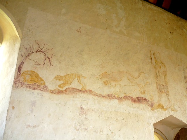 Medieval wall painting in the ancient parish church at Hailes Abbey, Gloucestershire