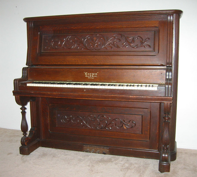 Antique Crown Tiger Oak 4 Pedal Upright Piano