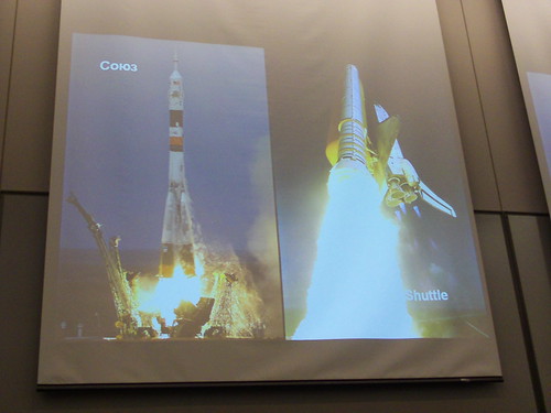 Lift off - Soyuz space ship craft (right), Space Shuttle (left)
