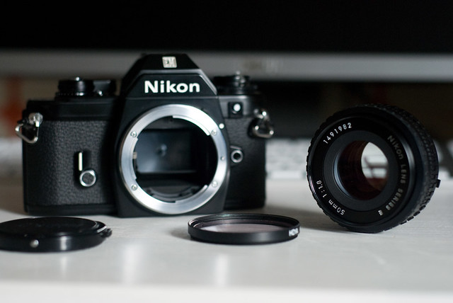 Nikon EM film SLR body and Nikon Series E 50mm f/1.8 lens