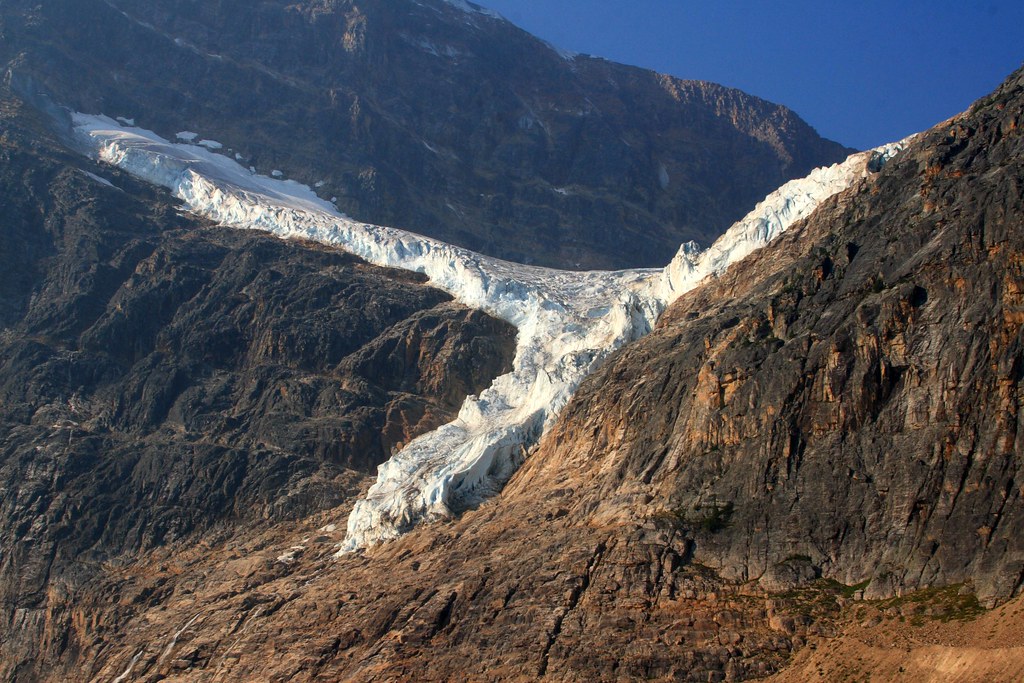 First glimpse of Angel Glacier near Mt. Edith Clavell