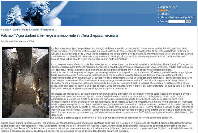 ROME ARCHAEOLOGICAL NEWS: Palatino / Vigna Barberini: riemerge una imponente struttura di epoca neroniana. MIBAC (29.09.2009).
