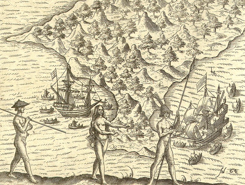 Spears were wooden with their ends either sharpened and fire hardened or equipped with a tip made of human bone. An image of spears in the Mariana Islands from Bry's collection of voyages, 1602.

Theodor de Bry/Guam Public Library System