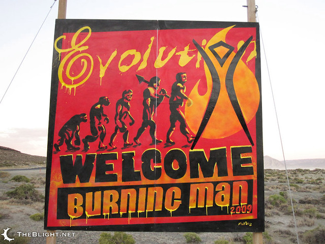 Burning Man Evolution sign at the 8-mile Playa entrance