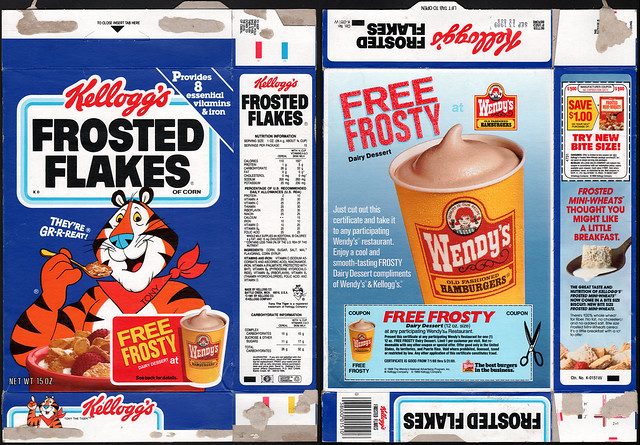 Kellogg's Frosted Flakes cereal box - Free Wendy's Frosty Offer - 1989