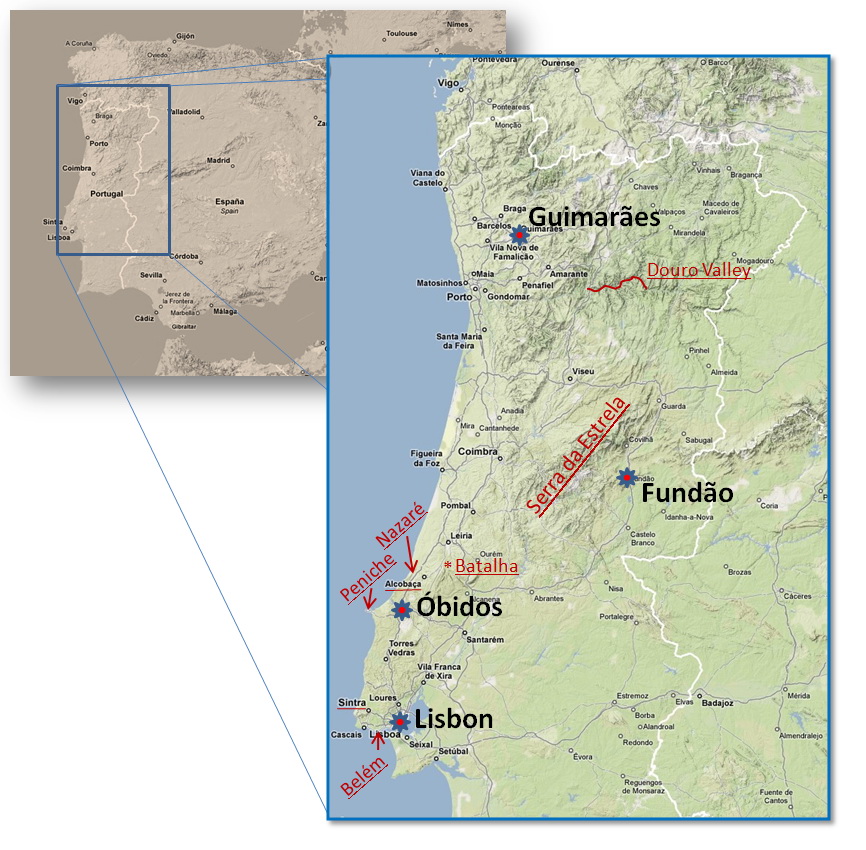 Map of Portugal with main places we visited in May 2009