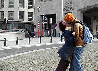 two lovers kissing in Brussels